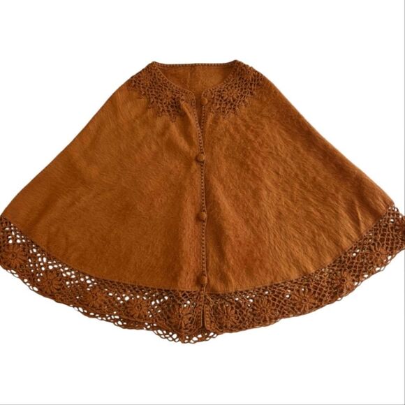 PERU 100% ALPACA CAPCHATEX caramel lace button front poncho L - Picture 1 of 7